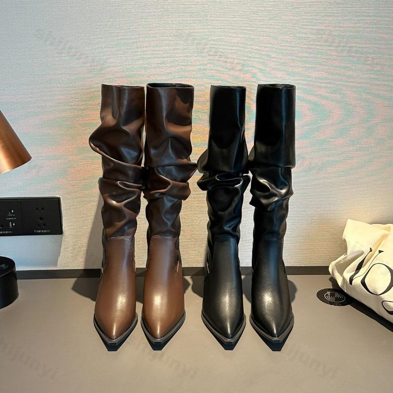 Autumn Women's Boots 2026 New Pointed Toe High Heels Sexy Pleated Thin Heels Female Fashion High Quality Leather Knee High Boots