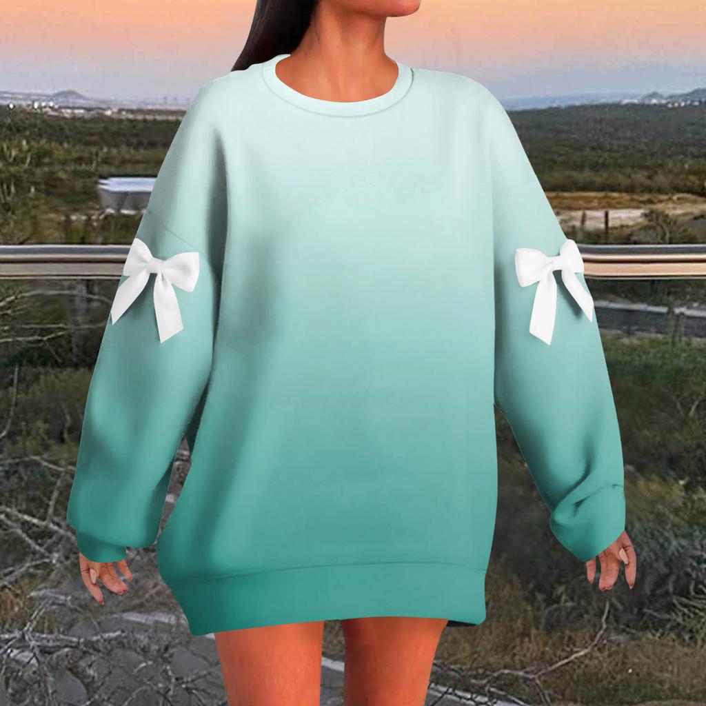 Women's Graduated Print Bow Round Neck Long Sleeve Loose Pullover Sweatshirt T-Shirt