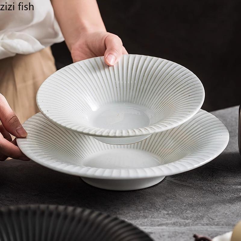 Japanese Striped Salad Plate Ceramic Deep Plate Thick Soup Plate Dessert Snack Bowl Kitchen Artistic Conception Tableware