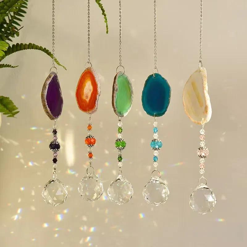 Crystal Rock Moon Sun Catcher Wind Chime Colorful Agate Slice Pendant Garden Hanging Ornament Room Balcony Decor