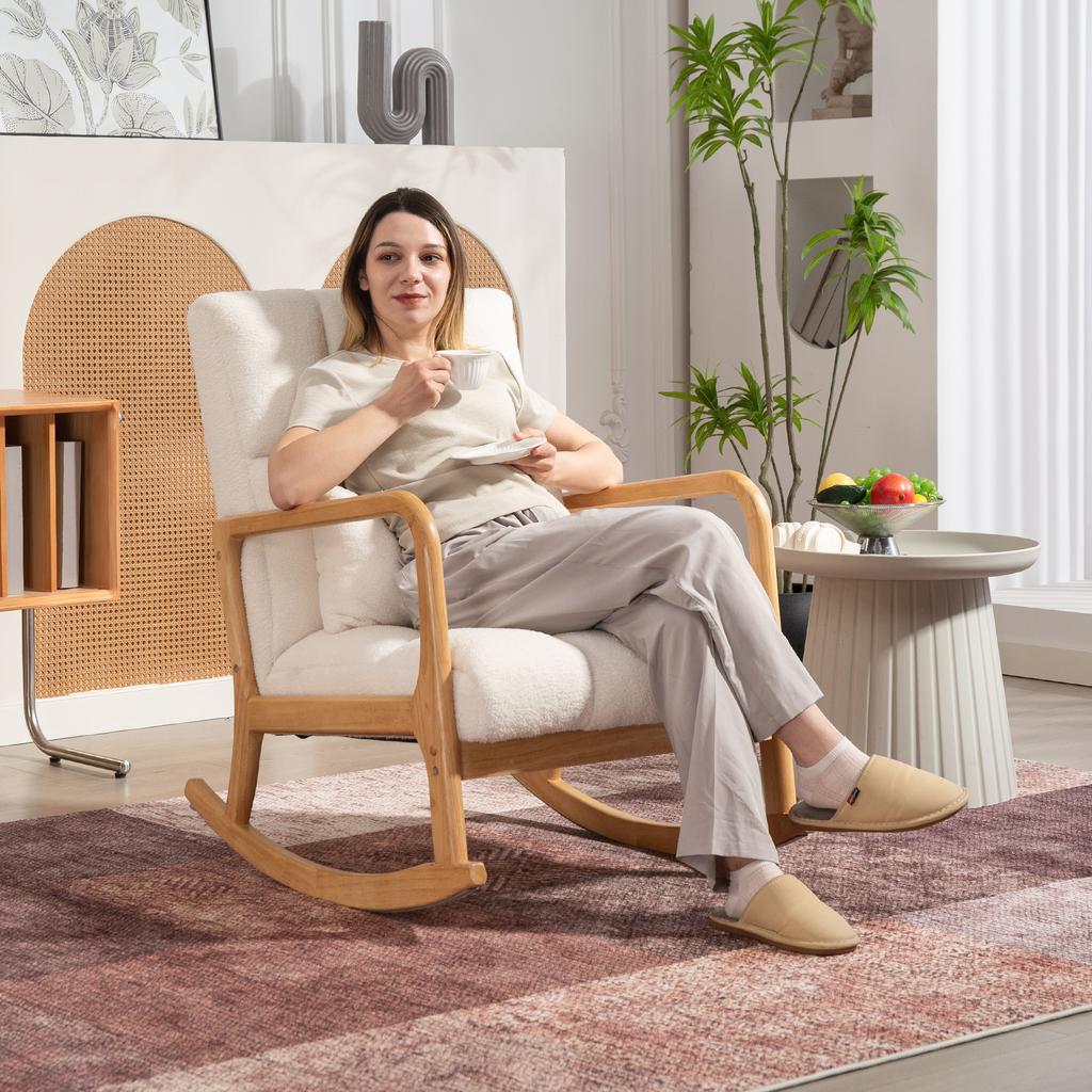 Rocking Armchair 90 degrees-130 degrees with Lumbar Cushion upholstered in Sherpa Fabric, 64.5x82x89 cm, White and Wood Colour
