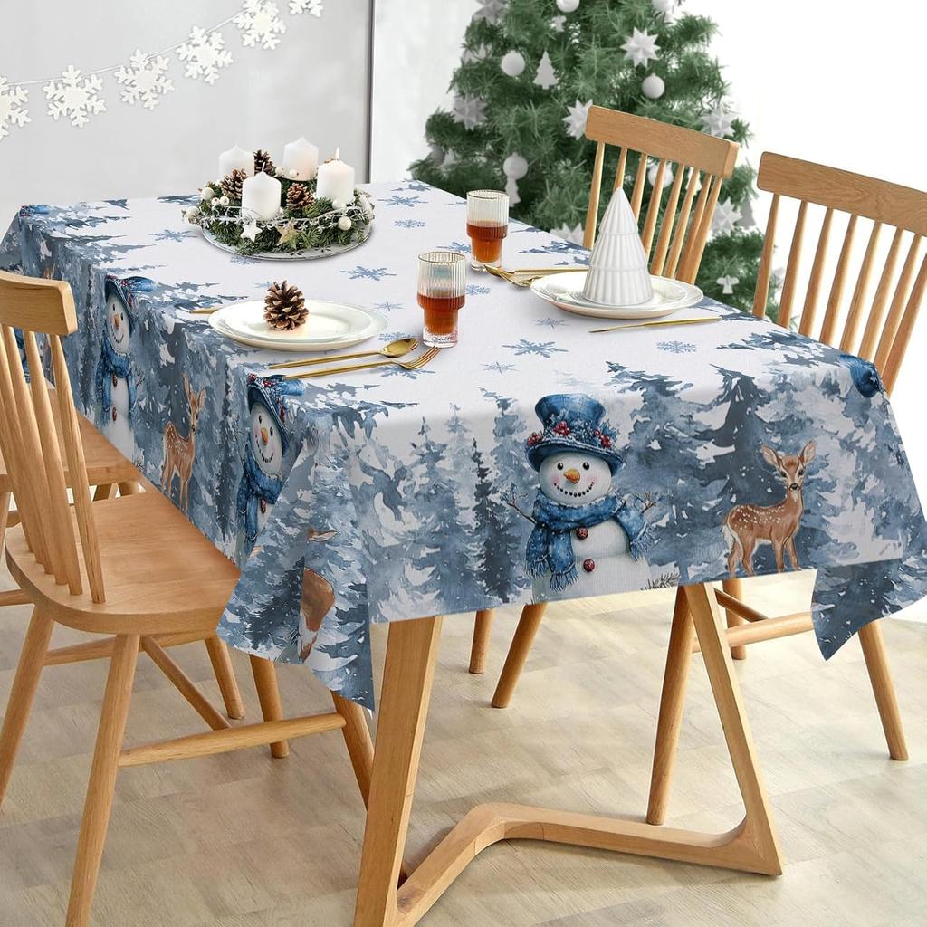 Christmas Snowman Reindeer Pine Tree Waterproof Tablecloth Table Decor Reusable Kitchen Dining Tablecloth Christmas Decorations