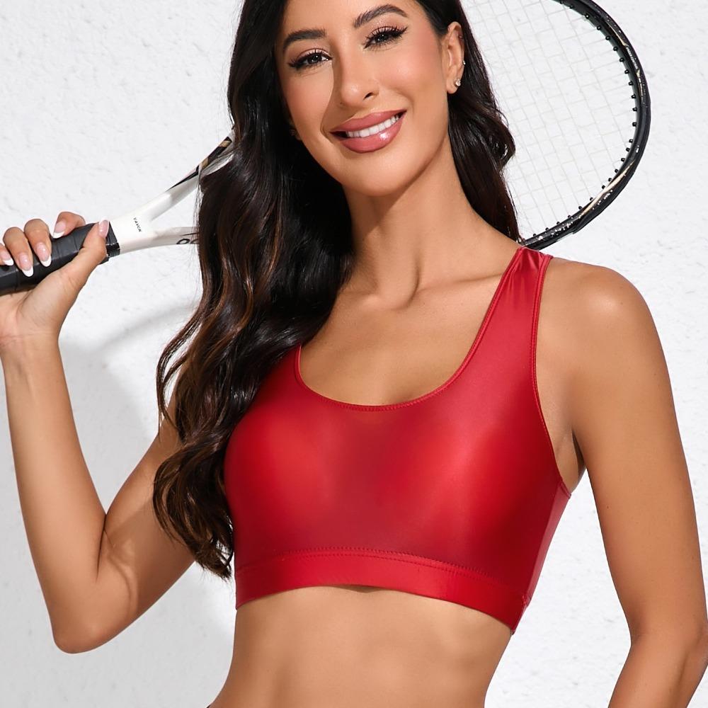 Damen Hohe Taille Glänzender Ölstoff 2-teiliges Trainingsset Crop Tanktop Skinny Pfirsich Po Yoga-Shorts Hohe Elastizität Fitness Laufen Sport Outfit