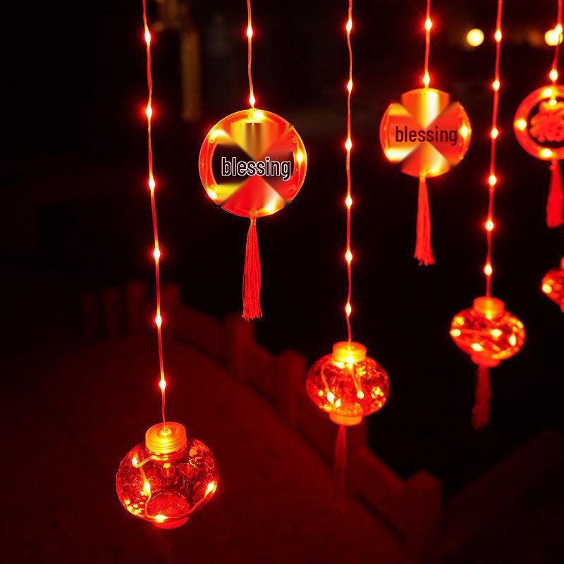 

Chinese New Year LED Lantern Curtain Lights with Fu Character - Festive Red Fairy String Ornaments Plug-in with Tail Plug for Series Connection