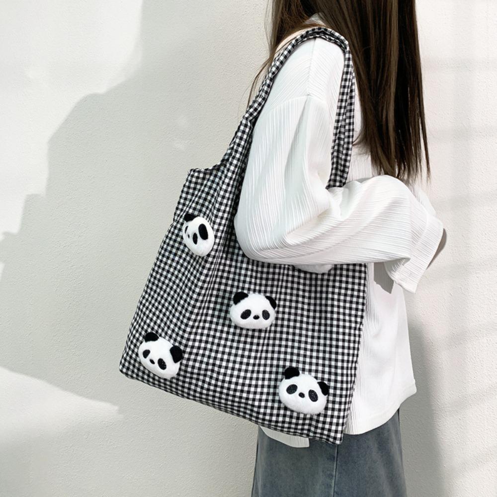 Vacation Canvas Shopping Bag Panda Doll Office Worker Handbag Casual Plaid Shoulder Bags  Outdoor