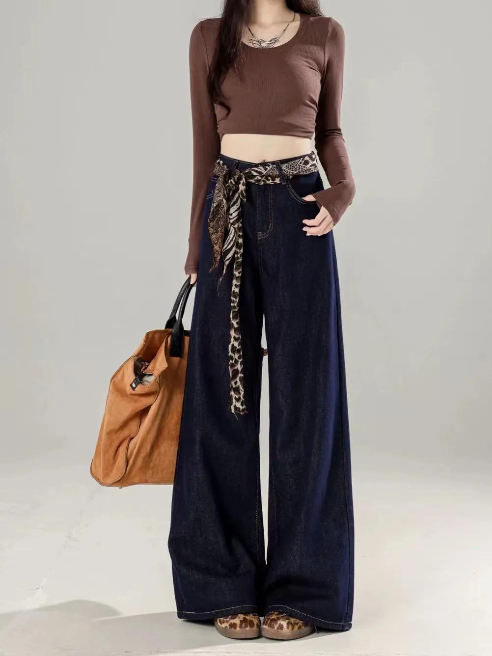 

Женские джинсы деним больших размеров с высокой посадкой и широкими штанинами - Весенние повседневные свободного кроя для фигуры типа груша XXL темно-синий