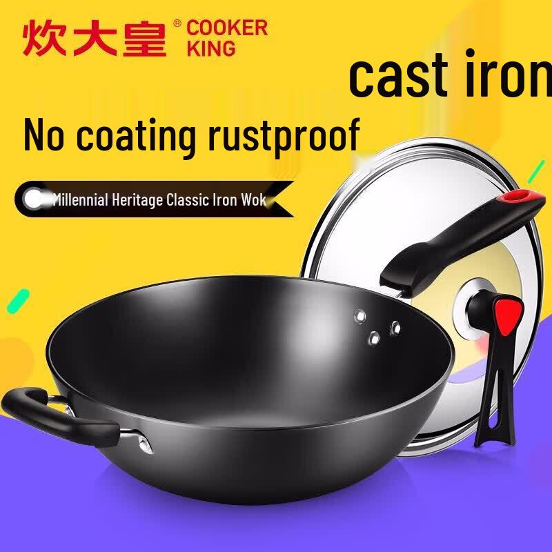 COOKER KING Non-Coated Cast Iron Wok with Standable Lid