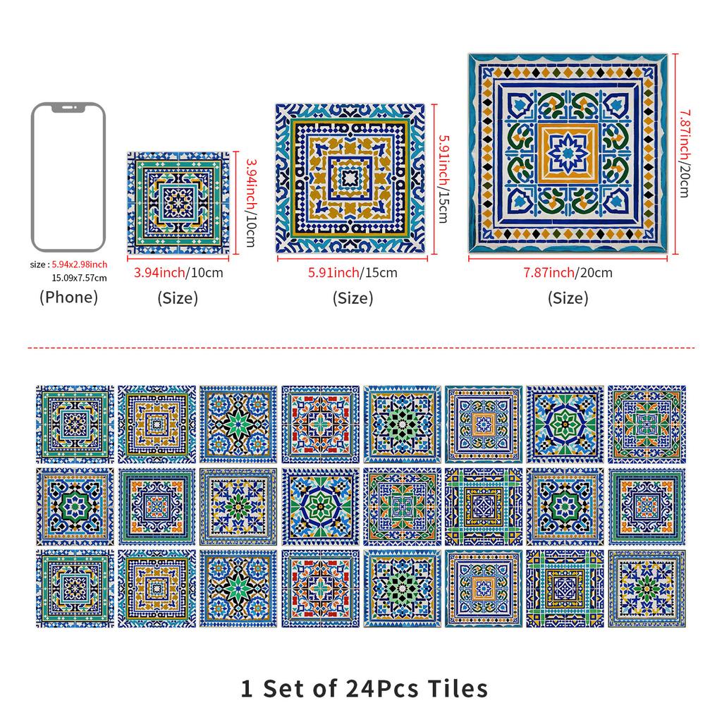 European Crystal Mandala 24 Pieces Self-Adhesive Wall Sticker, Waterproof Kitchen Bedroom Tile Sticker Pvc Wallpaper