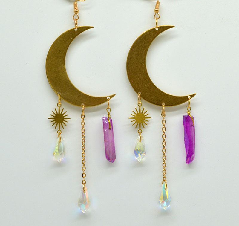Multi-colored Copper Moon and Sun Raindrop Crystal Earrings