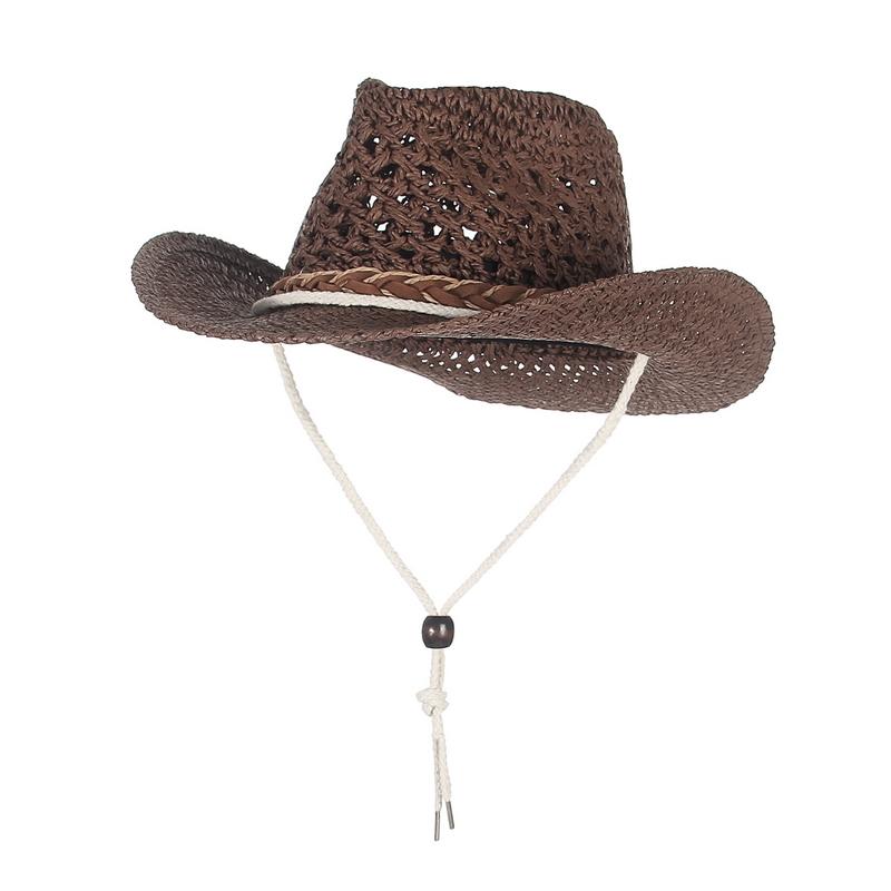 

GEMVIE Child Summer Cowboy Hats Paper Straw Woven Wide Brim Hollow Out Straw Hat Wind Lanyard Unisex Beach Sun Hat 54-56cm кавовий