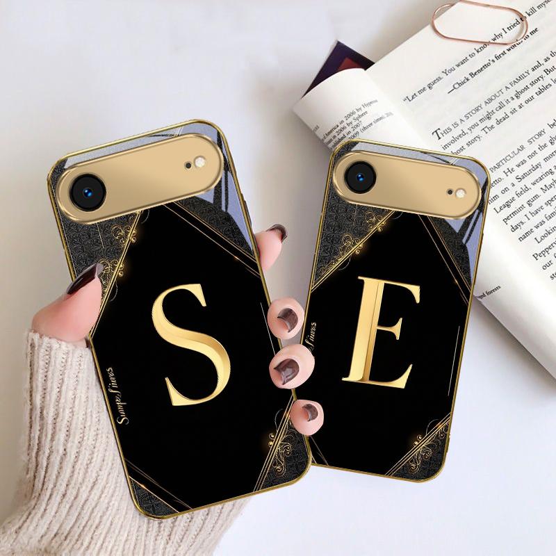 Luxurious emblem letters For IPhone 17Pro Max 16 17 Pro 15 Pro 14 13 Plus 12 Mini 11Pro Max XR 16E 17Air Golden glass phone case