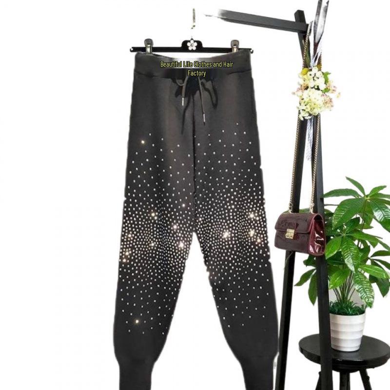 Plus Size Women's Stretchy Lace-up Knit Harem Pants - Slimming, Shiny Stamping, Casual Fit