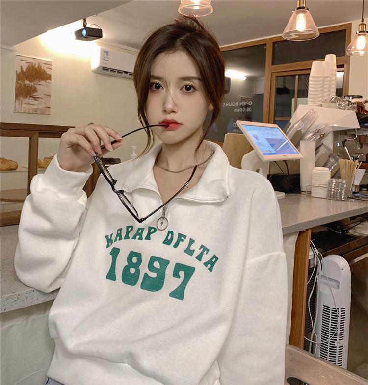 Women's Petite Half-Zip Polo Collar Sweatshirt - American Retro Style for Spring and Autumn