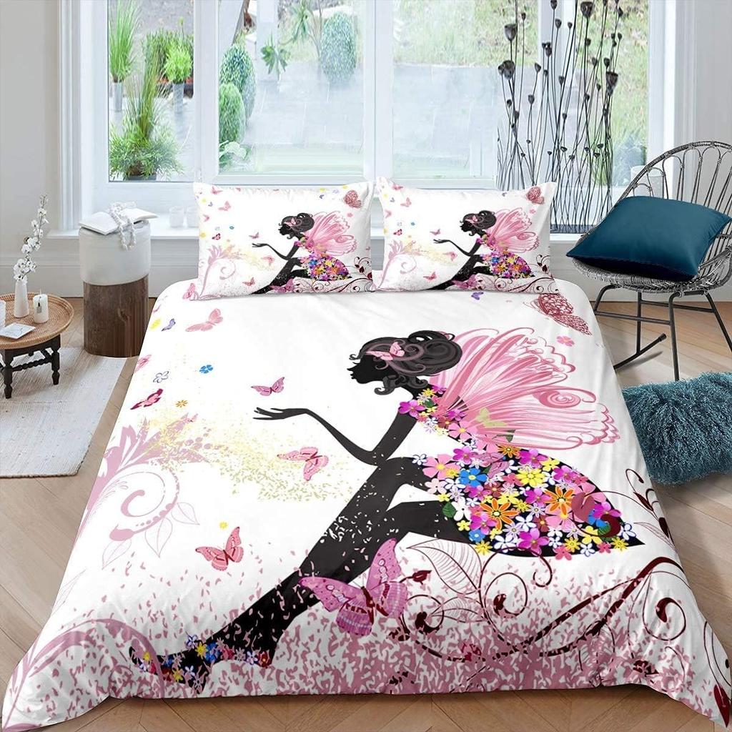 Girls Butterfly Print Bedding Set Forchildren Teenagers Women, Pink Flower Fairy Duvet Cover Set Flower Branches Room Decor