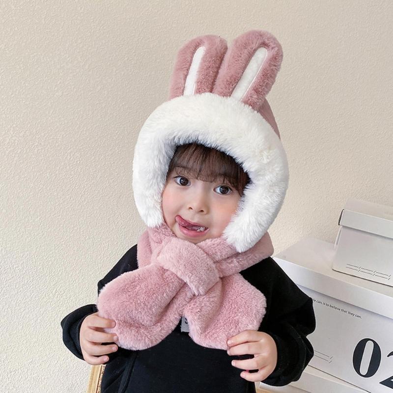 Kids Winter Hat Warm Plush Scarf Hats Thick Earflap Hooded Caps with Rabbit Ears Decoration for Boys Girls Ages 3-8