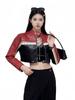 2026 Women’s Cropped Color Block PU Leather Jacket with Custom Patchwork and Stand Collar - Hot Girl Style