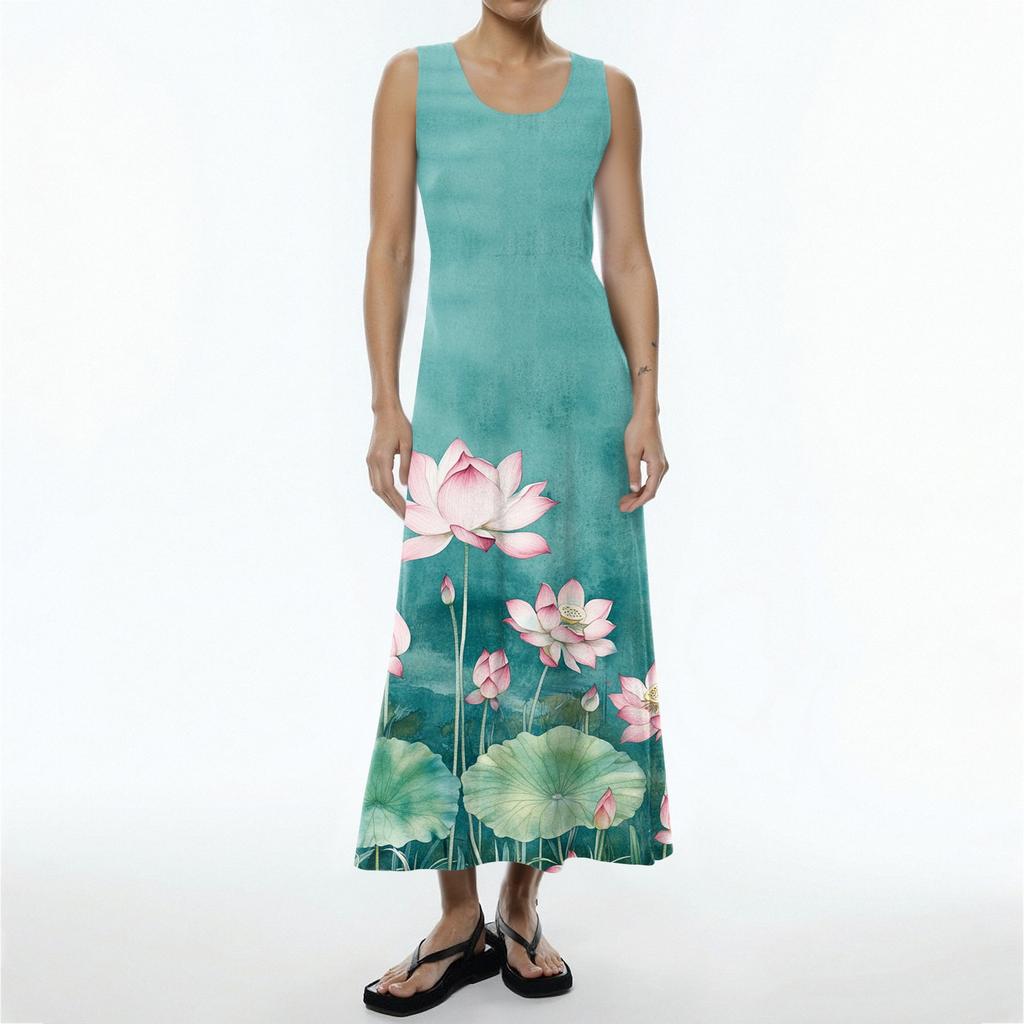 Women's Summer Casual Fashion Flower Printed Sleeveless Round Neck Pocket Dress