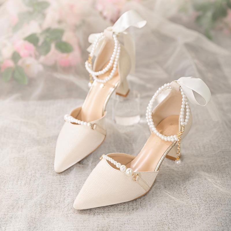Sandals for Women Square Heels Pointed Toe Woman Shoes Medium Pearl Vip Footwear New Breathable Fashion Original Luxury 2025 Pvc