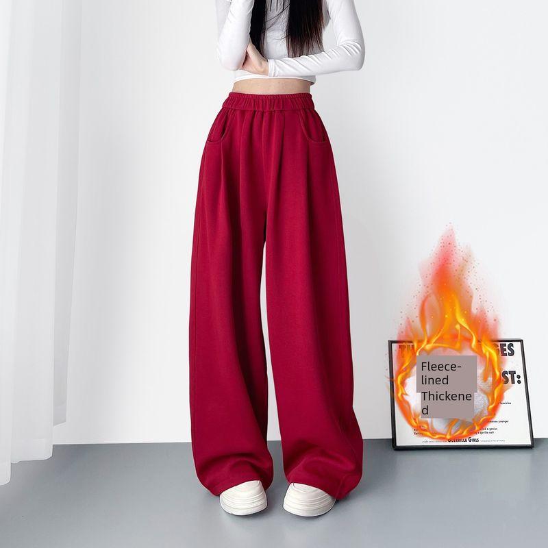 Black Sweatpants, Loose-Fitting Wide-Leg Pants for Women, Winter, for Chubby Girls, Lazy Style, Relaxed Fit, Fleece-Lined, Sporty Casual Pants