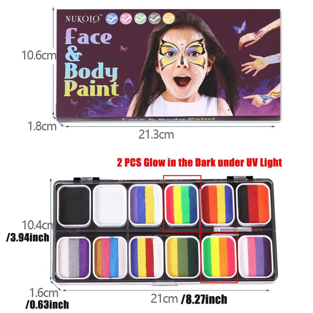 Professional Face and Body Painting Rainbow Stripe Palette with 13 Brushes and 6 Safe and for Face and Body Painting for and Parties Kit,