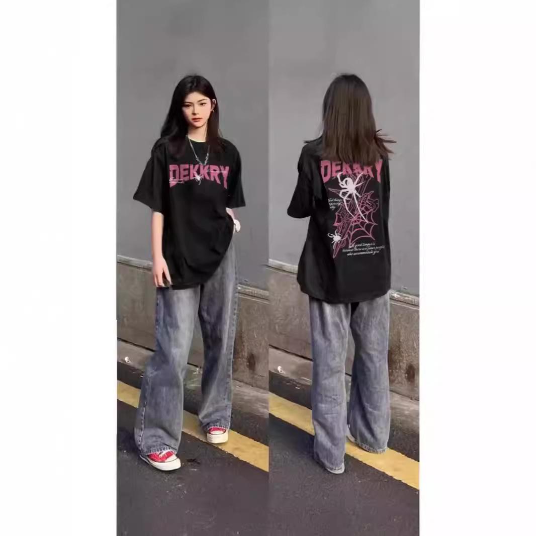 

American high street ins spider print short-sleeved t-shirt men s and women s summer loose casual student crew neck cotton top tide M
