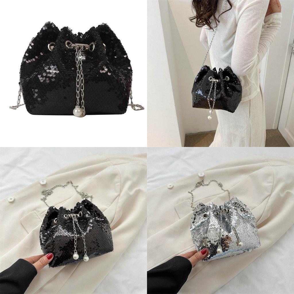 Chic Sequin Bucket Bag With Chain Strap 2023 Summer New Women's Street Style Shoulder Bag Crossbody Bag
