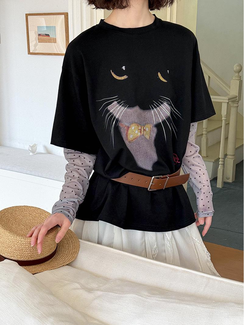 

Футболка Juzhi Spring в корейском стиле с принтом кота, свободная, из двух частей, с круглым вырезом и длинными рукавами One Size