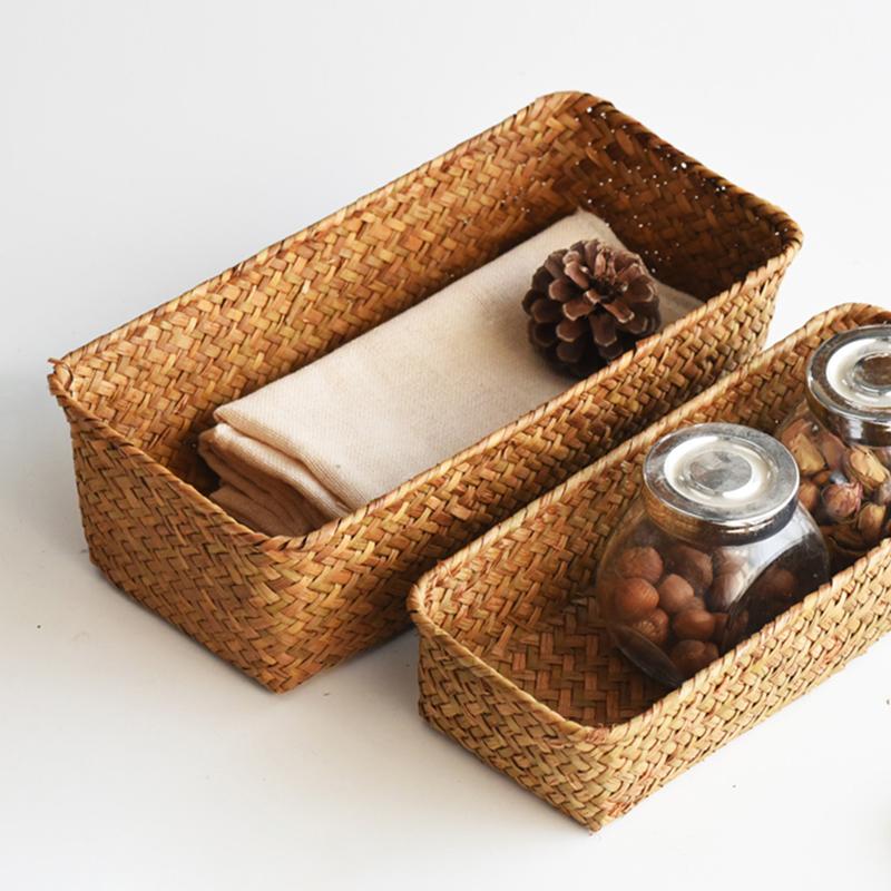 Rectangular Straw Rattan Basket Fruit Cosmetic Sundries Storage Organizer Handmade Woven Seagrass Wicker Storage Basket