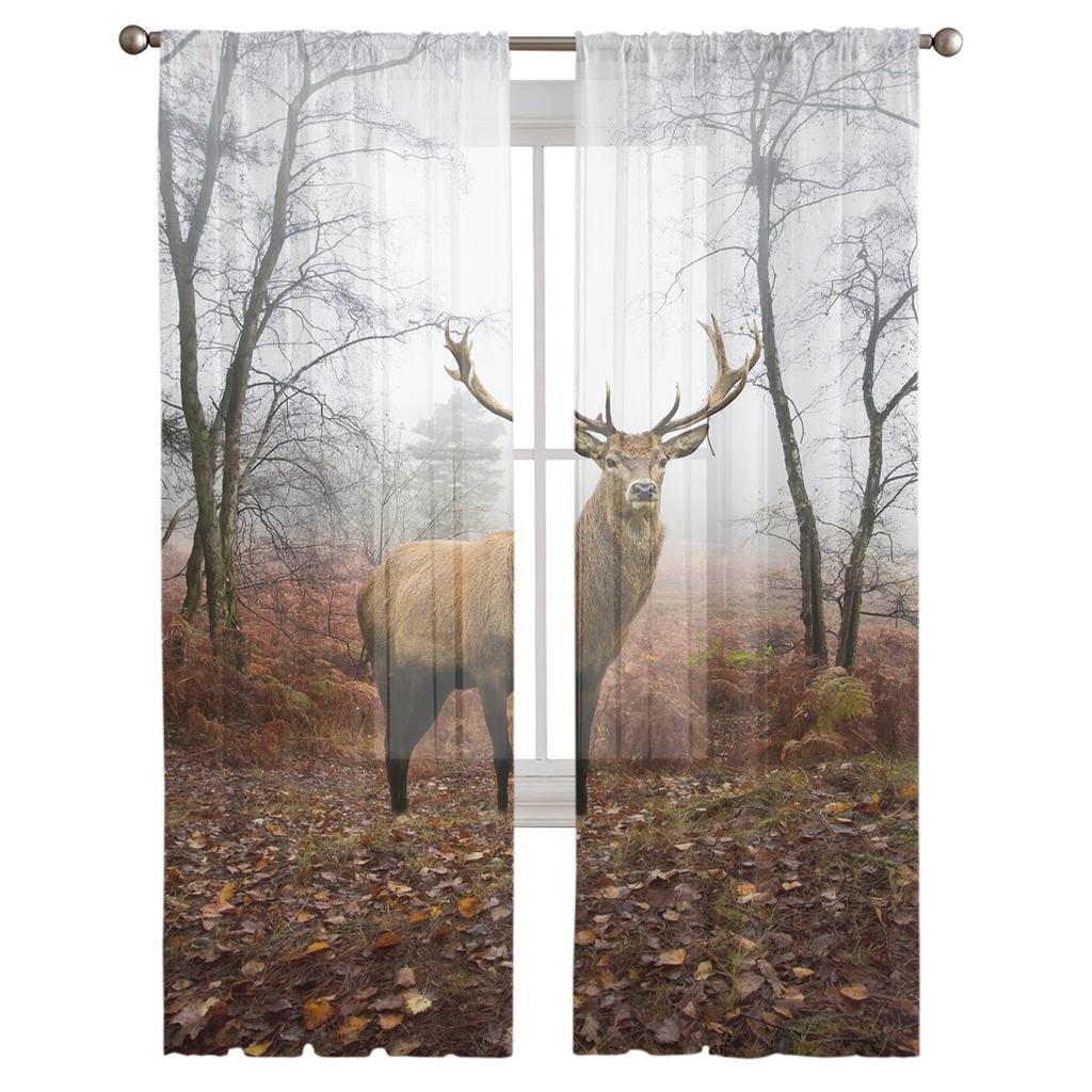 Deer Autumn Winter Forest Modern Sheer Curtains For Living Room Bedroom Tulle Curtains Window Voile Curtain Kitchen Hotel Decor