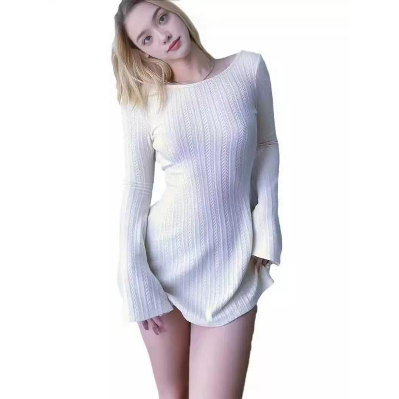 Women's U-word Backless Sexy Slim-fit Solid Color Slightly Pulled Long-sleeved Dress