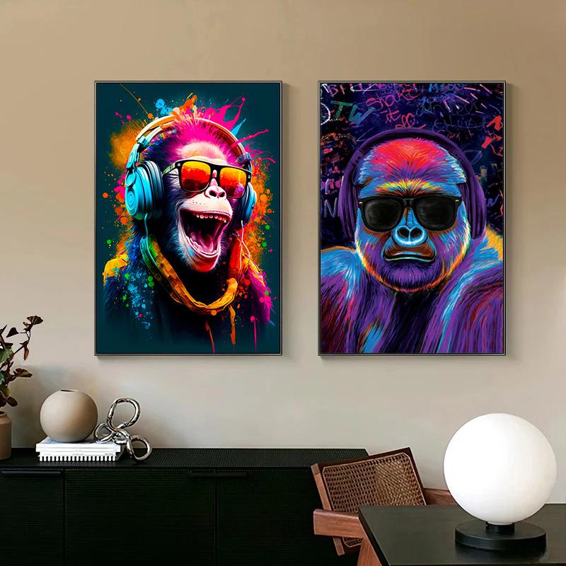 Street Pop Art Fun Animals Monkeys Wearing Headphones Posters Prints Game Handles Canvas Painting Wall Art for Home Decor
