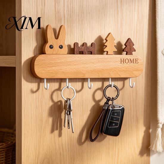 Pet Leash Holder for Wall Wooden Key with 5 Hooks, Cartoon House Theme Organizer, Multi Entryway Storage Purpose Hanging Rack Keys Leashes And