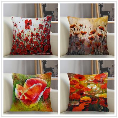 Bedroom Living Room Home Decor Cushion Cover Poppy Flower Pattern Pillowcase Square