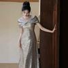 Silver evening dress 1011 new high-end adult important occasion host graduation shoulder banquet dress
