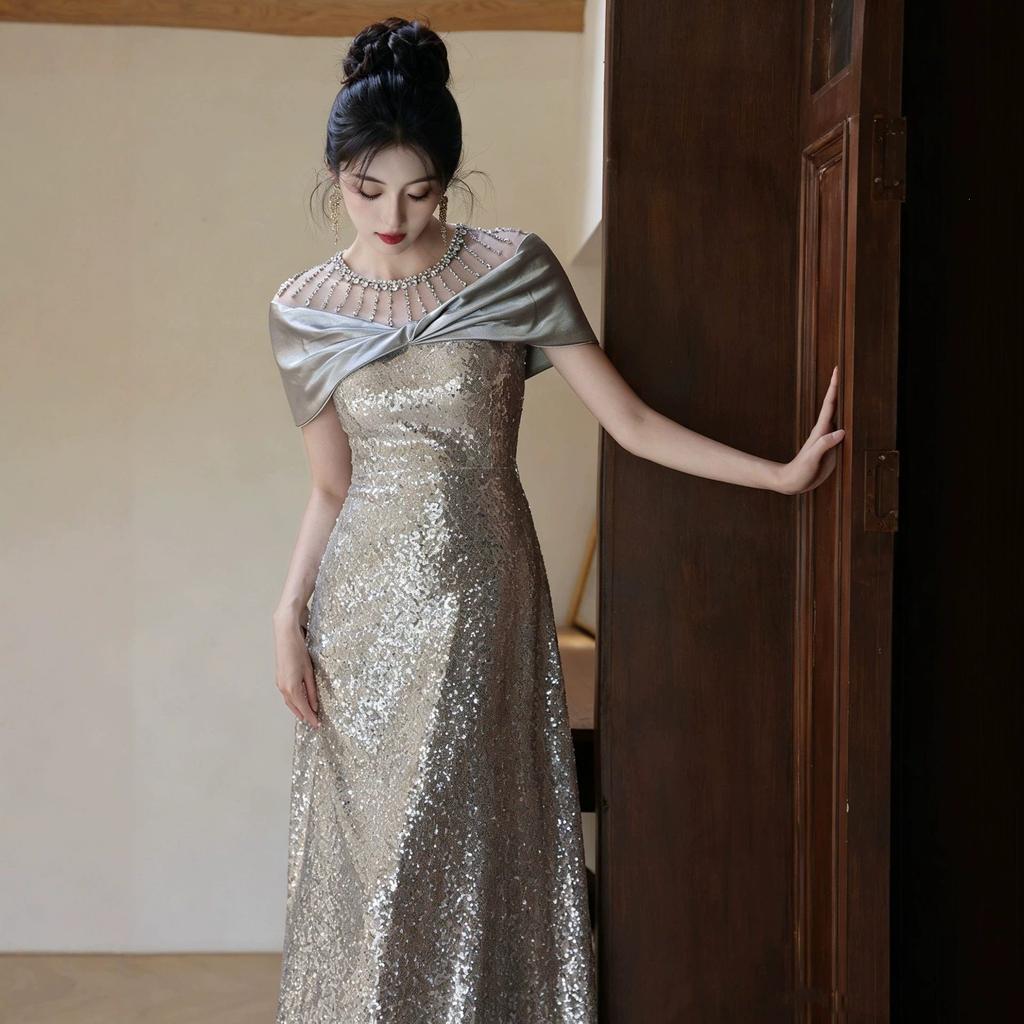 Silver evening dress 1011 new high-end adult important occasion host graduation shoulder banquet dress