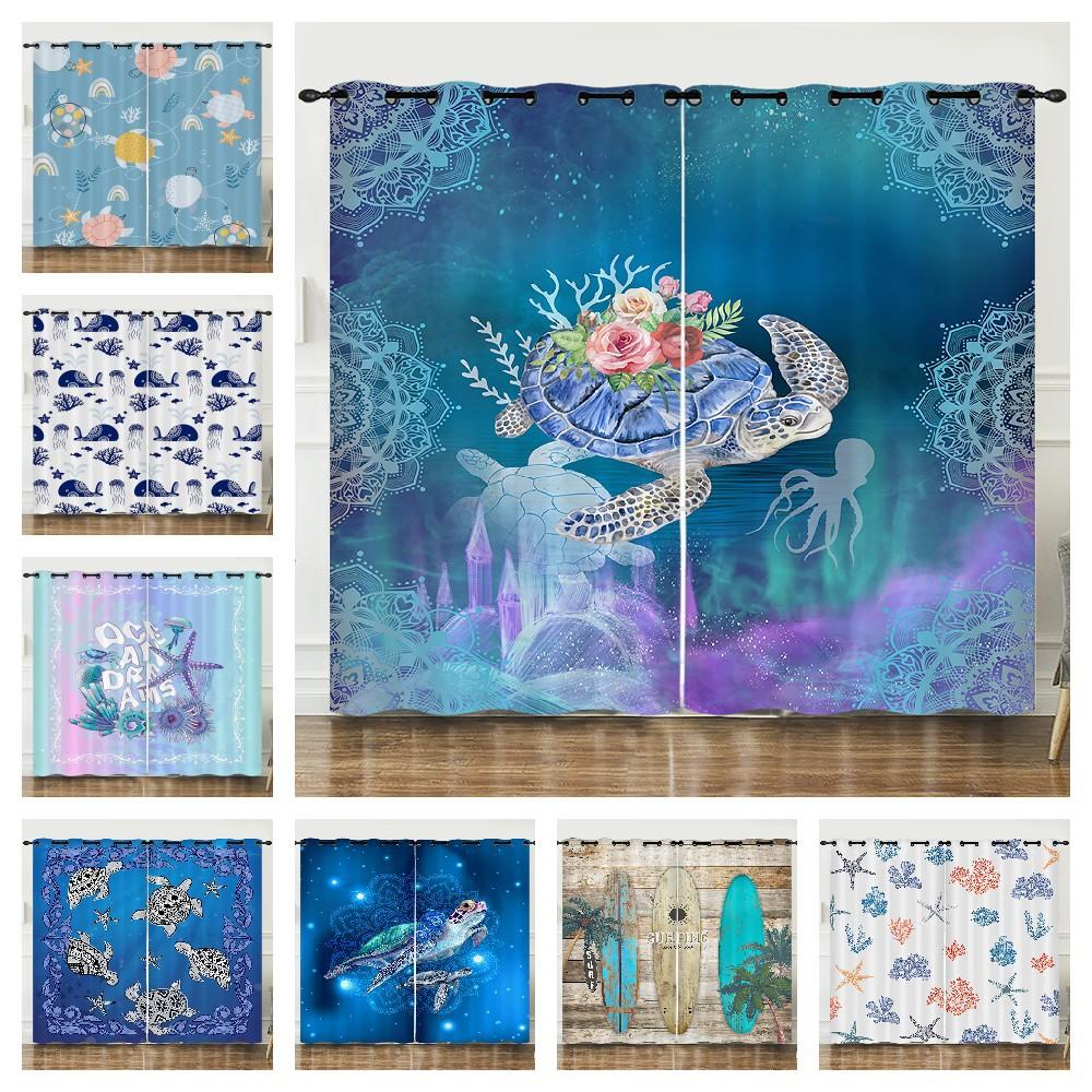 Curtain Ocean Turtle Starfish 3D Digital Printing Blackout Curtain Punching