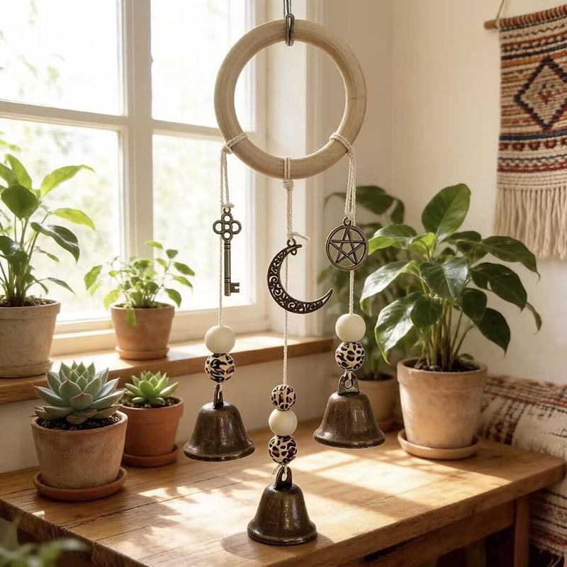 Melodisches Boho-Windspiel Natürlicher Holzring Vintage Metallglocken Wasserdicht für Außenbereich Hof Heimdekoration