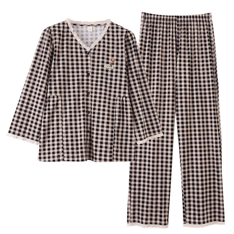 Women's Plaid Lycra Cotton Pajamas Long Sleeve High-End Set, Autumn/Winter