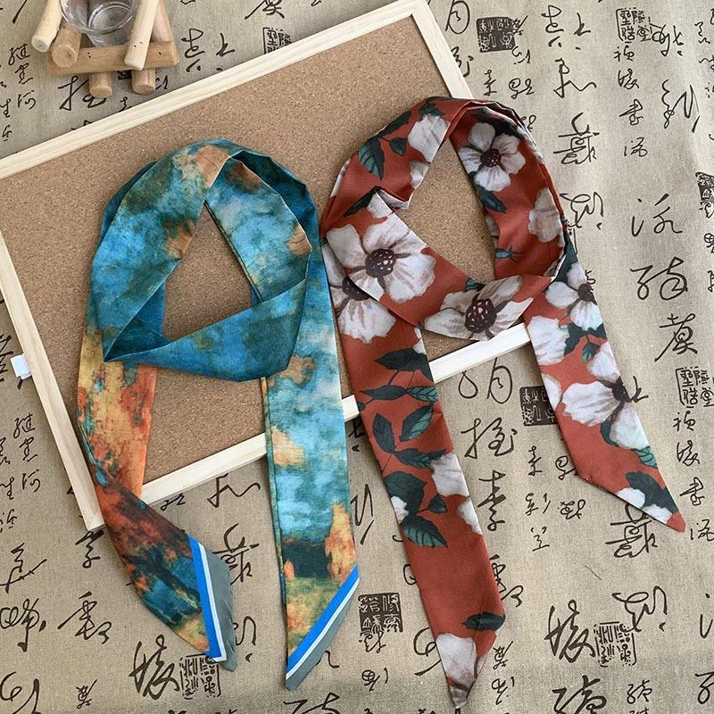 Silk scarf premium sense slender strip narrow silk scarf women's retro versatile streamer headscarf headband hair band hair tie bag decorative belt