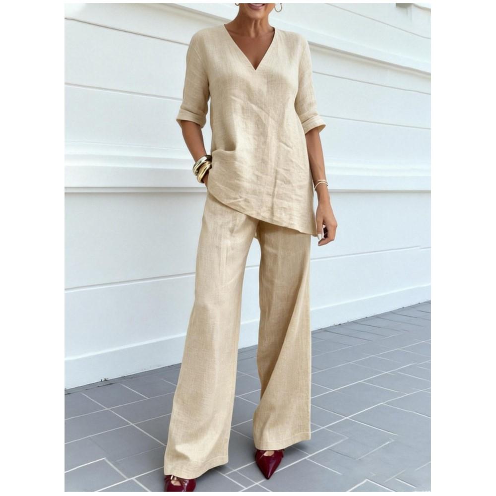 Fashion Cotton Linen Mid-sleeve V-neck Top Straight Trousers Women's 2piece Set Casual Loose Elegant Female Office Trousers Suit