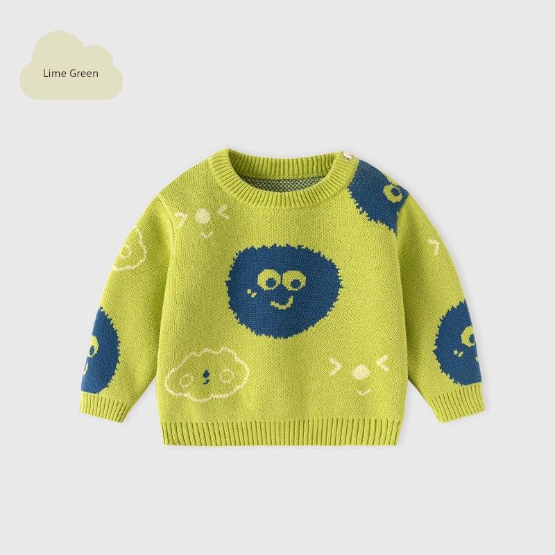 Fruit Green Emoticon Pattern Sweater for Boys and Girls, Autumn and Winter Children's Clothing, Thickened Children's Knitwear, Boys' Pullover Top