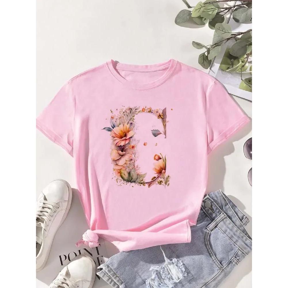 A B C D E English Alphabet Floral T Shirt Women New Summer Female T-Shirt Harajuku Casual Tops Tshirts