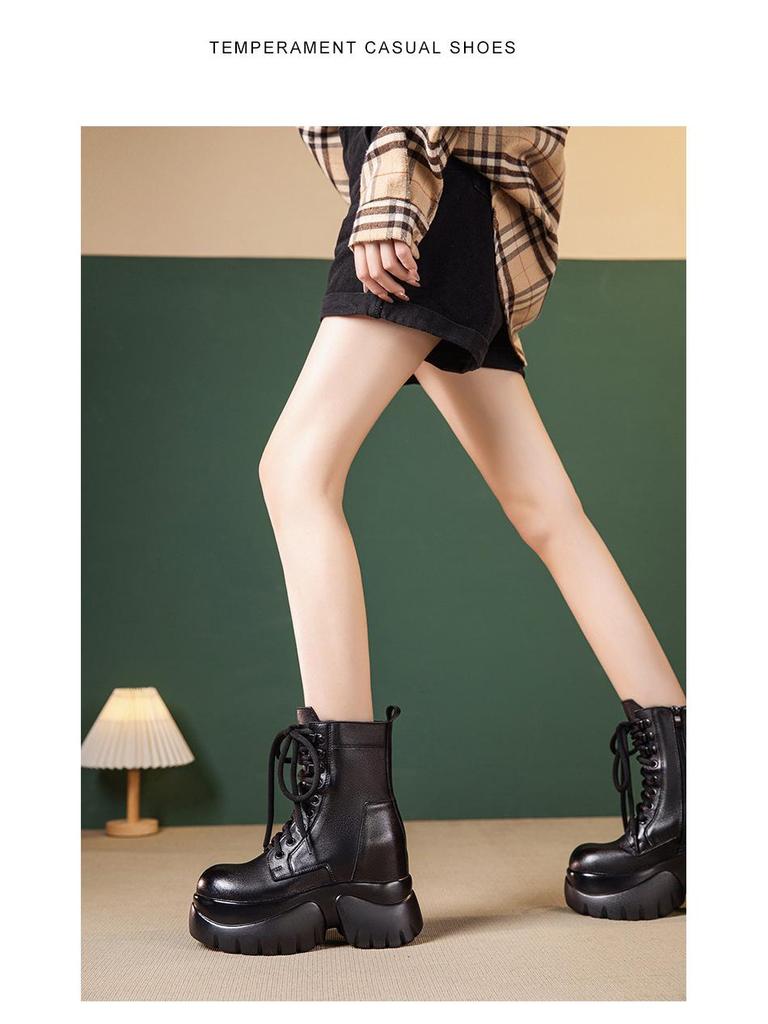 Women's Small Leather Martin Boots - Black British Style, High-Heel, Short, 2025 Autumn/Winter