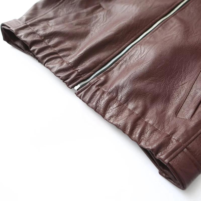 Vintage Solid Color Lapel Zipper Leather Outwear Casual Long Sleeved Elastic Short Women Coat Fall Commuting Street Jacket