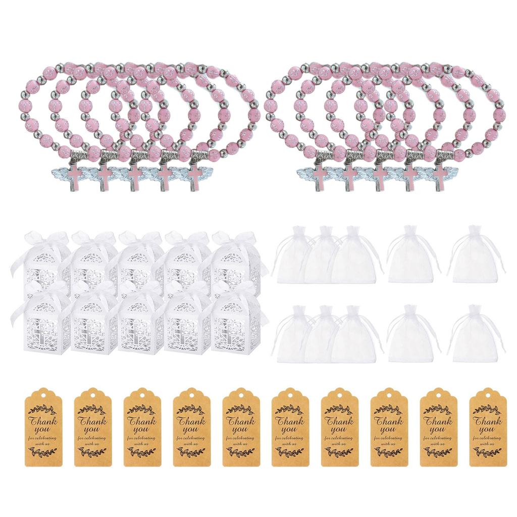 10pcs Elegant Baptism Gift Set Angel Cross Rosary Bracelet and Favor Boxes Beaded Prayer Handchain Baptism Supplies