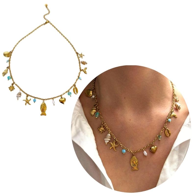 Stylish Marine Inspired Necklace Feature Natural Shell Starfish Fish Charm Adjustable Chain For Everyday Wear