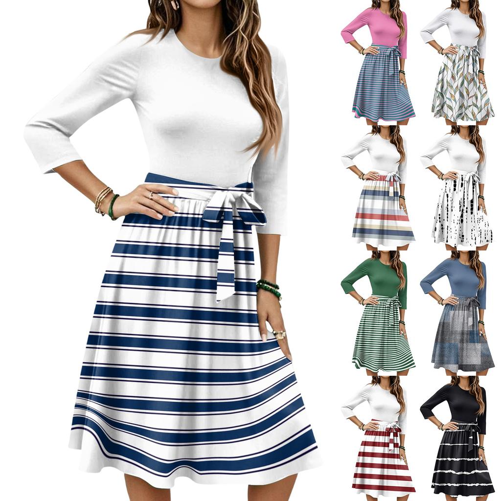 Women's Fashion Casual Waistband Seven Sleeve Round Neck Striped Flowy Dresses