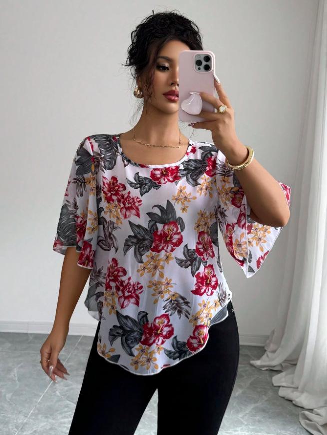 

2026 Elegant European & American Chiffon Print Flare Sleeve Semi-Sheer Top for Women Double Extra Large червоний