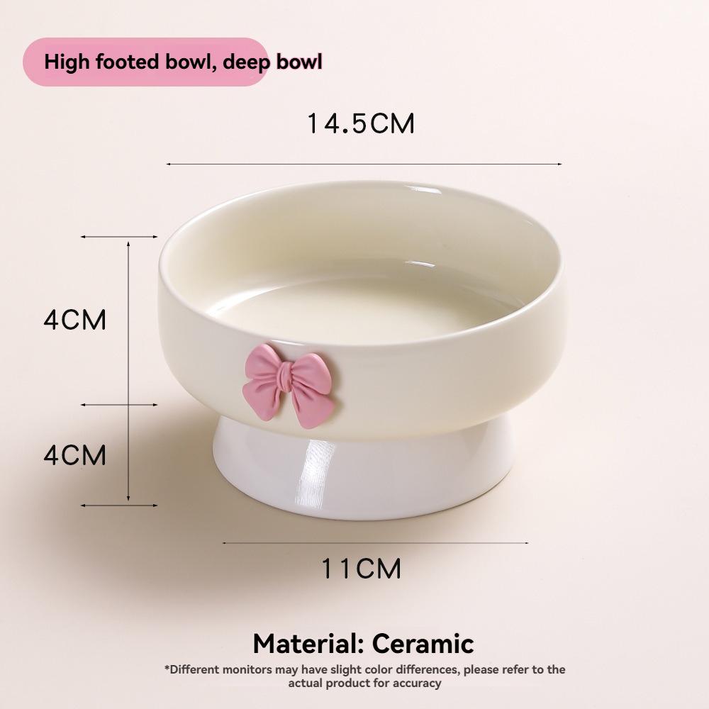 Cute Bow High-Footed Ceramic Cat Bowl, Elevated Pet Food Bowl for Anti-Vomiting, Multiple Colors Available