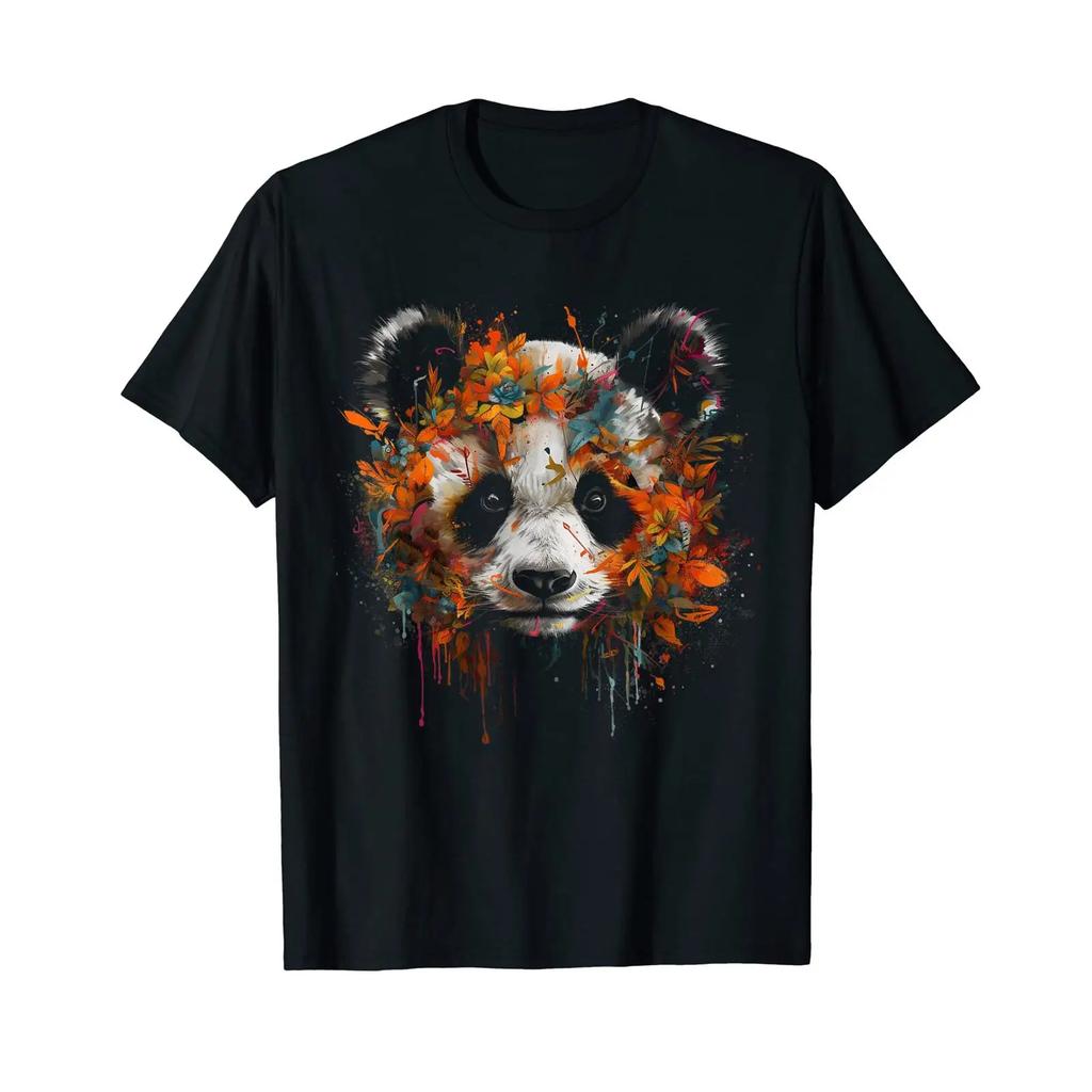 Panda Art Fantasy Autumn Leaves Animals T Shirt Black Vintage Washed Homme Unisex Slightly Designer Clothes Streetwear Graphic